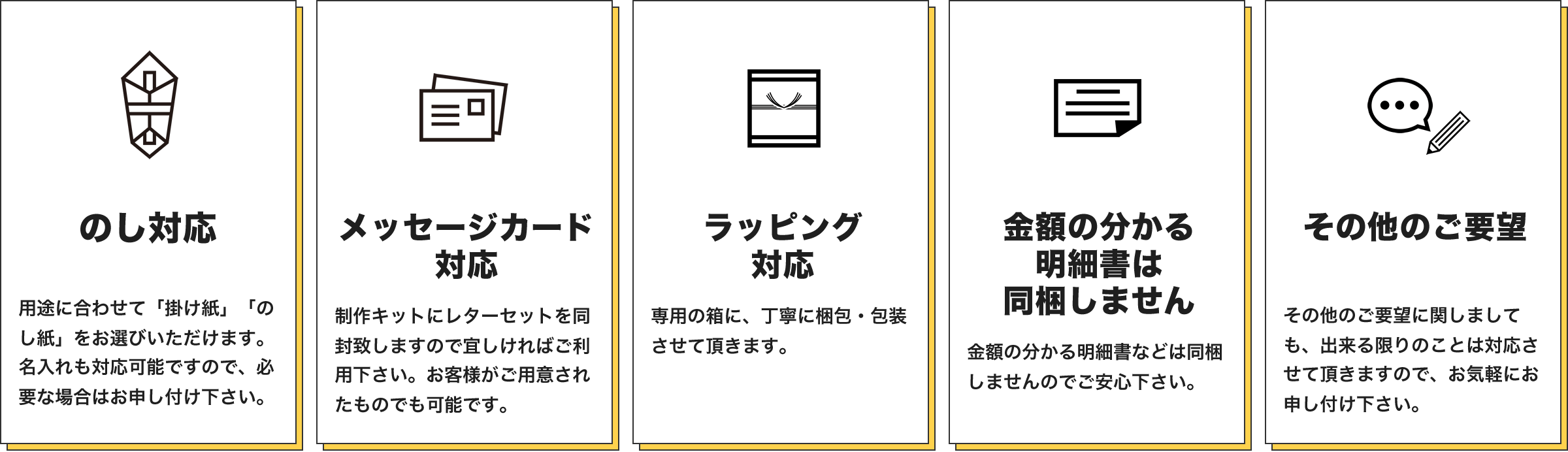 「のし対応」「メッセージカード対応」「ラッピング対応」「金額の分かる明細書は同梱しません」「その他のご要望」